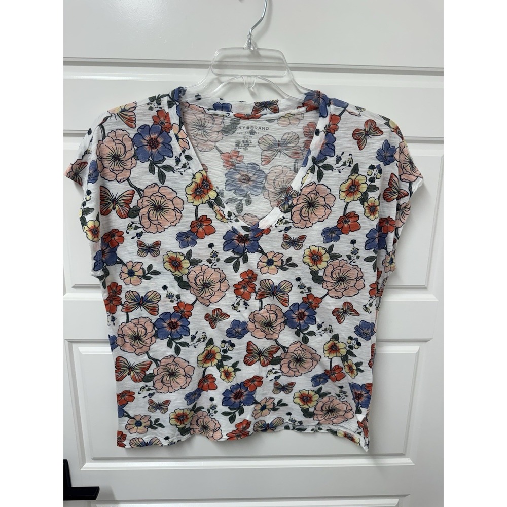 Lucky Brand Womens Medium Floral Butterfly V-Neck Boho Blouse Cotton Modal Top